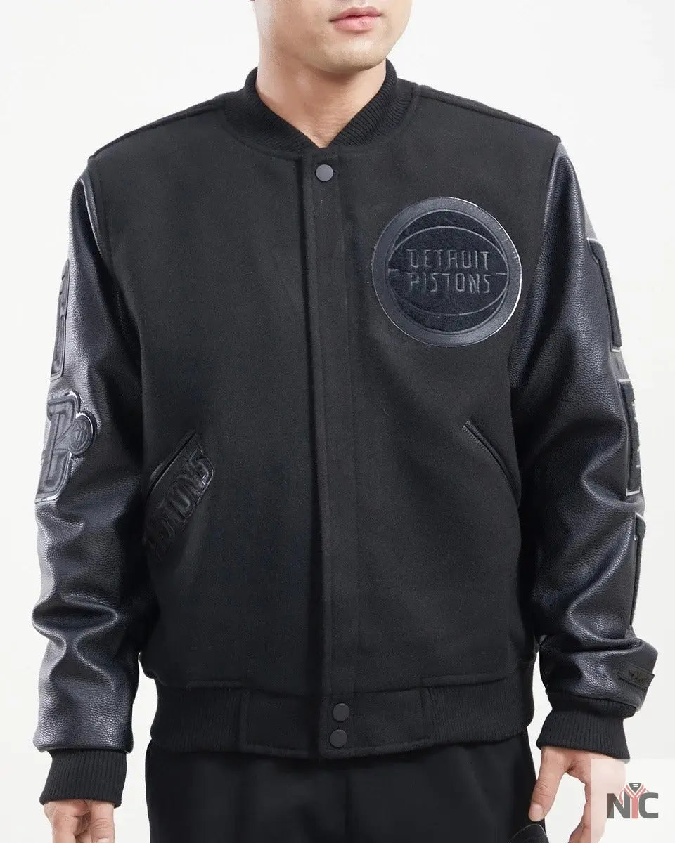 Detroit Pistons Inspired Triple Black Wool Varsity Jacket