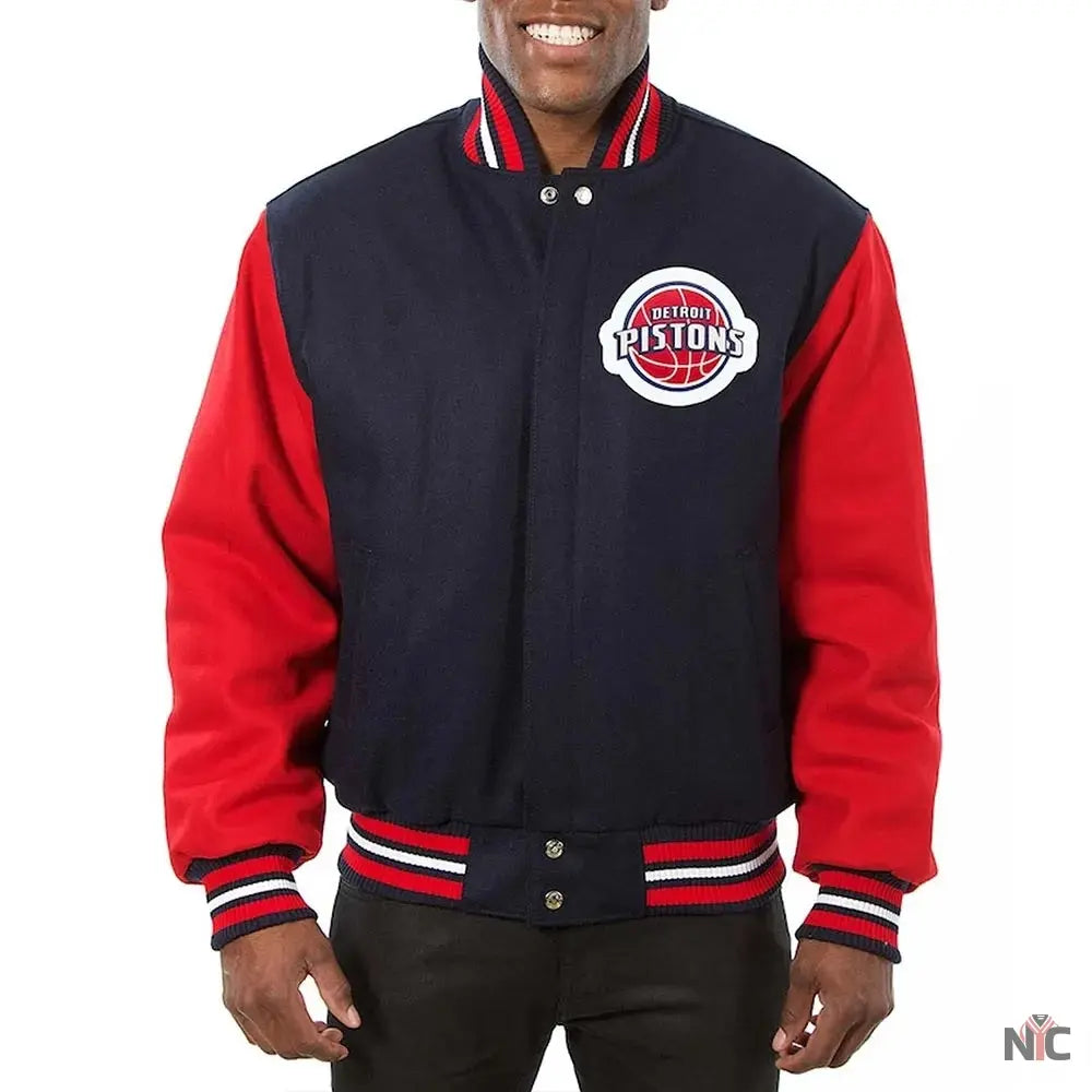 Detroit Pistons Inspired Two-Tone Navy/Red Varsity Wool Jacket