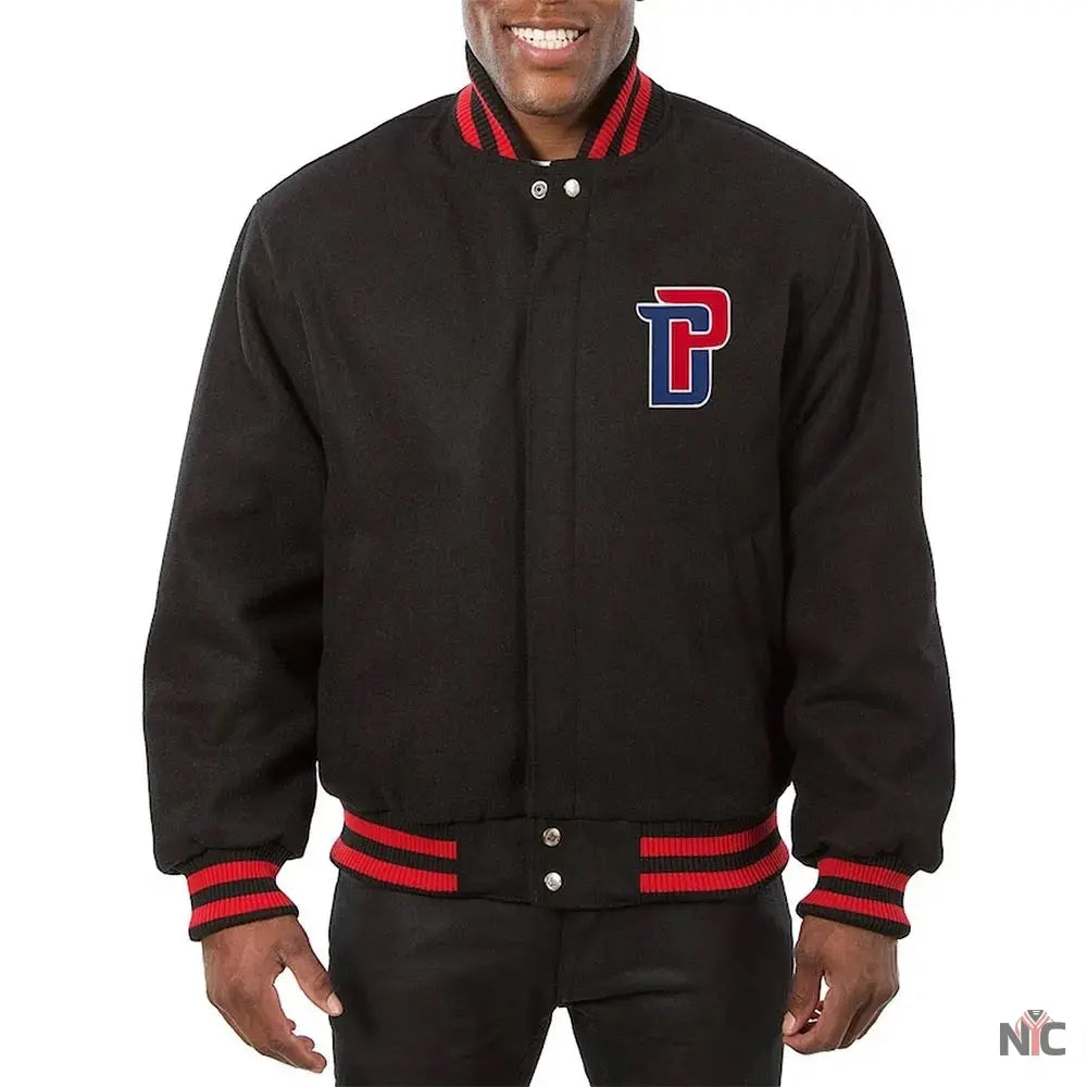 Detroit Pistons Inspired Varsity Black Wool Jacket.