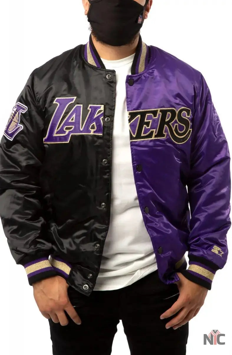 LA Lakers Inspired Black and Purple Satin Bomber Jacket