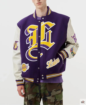 LA Lakers Inspired Purple and White Wool Letterman Jacket