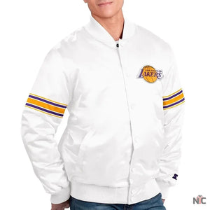 Los Angeles Lakers Inspired Power Forward White Satin Varsity Jacket