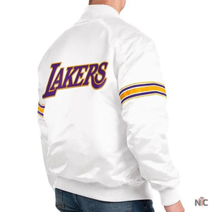 Los Angeles Lakers Inspired Power Forward White Satin Varsity Jacket