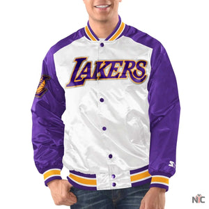 Los Angeles Lakers Inspired Renegade White & Purple Satin Jacket