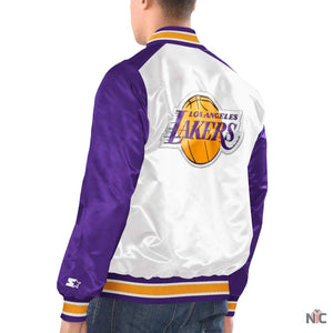 Los Angeles Lakers Inspired Renegade White & Purple Satin Jacket