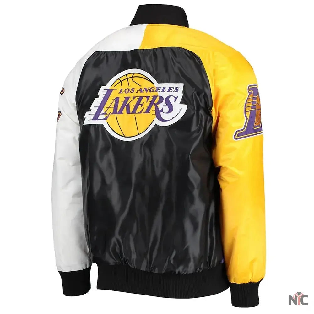 Los Angeles Lakers Inspired Tricolor Satin Varsity Jacket