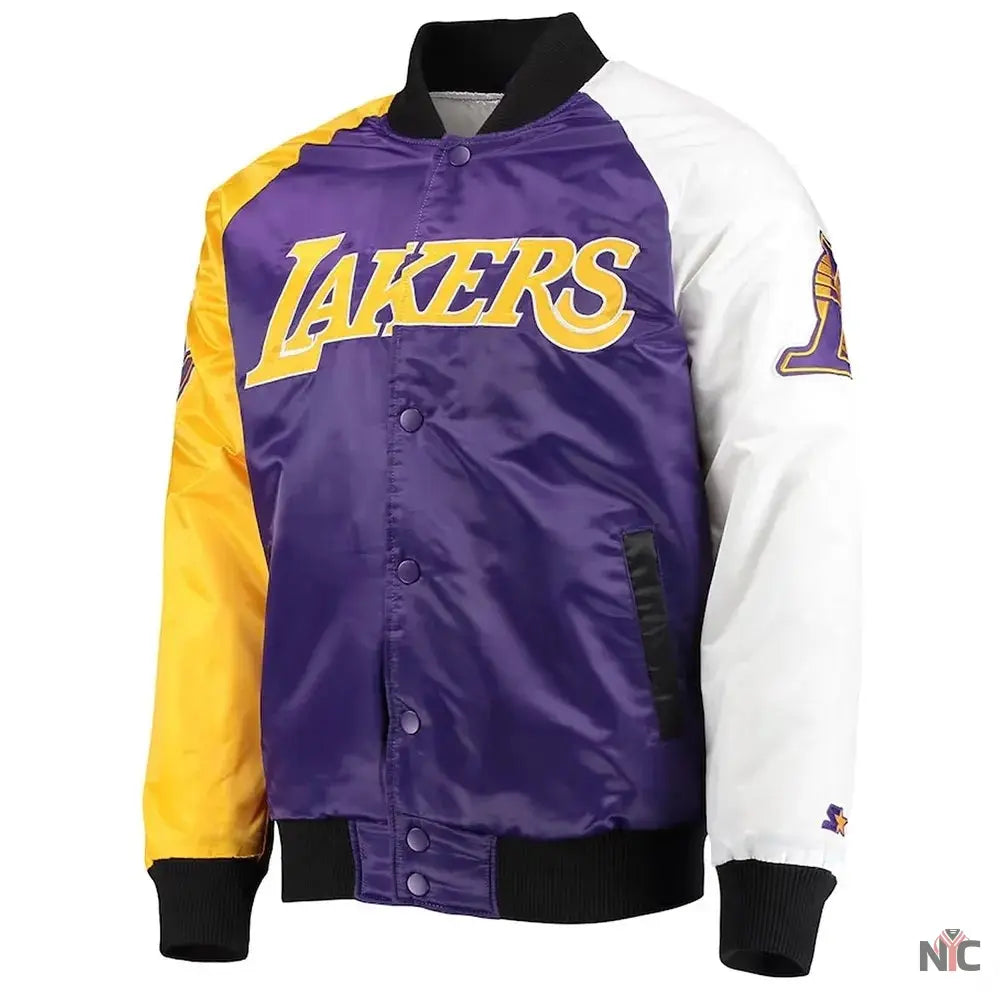 Los Angeles Lakers Inspired Tricolor Satin Varsity Jacket