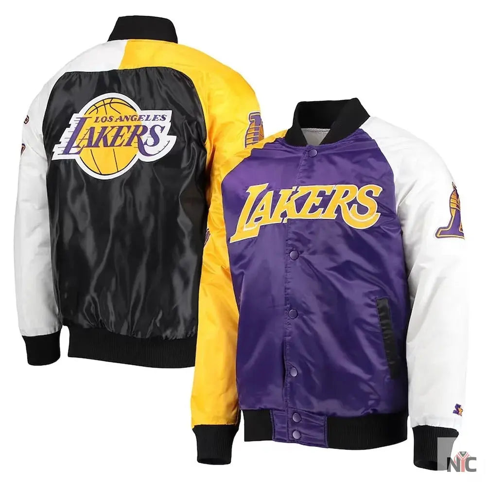 Los Angeles Lakers Inspired Tricolor Satin Varsity Jacket