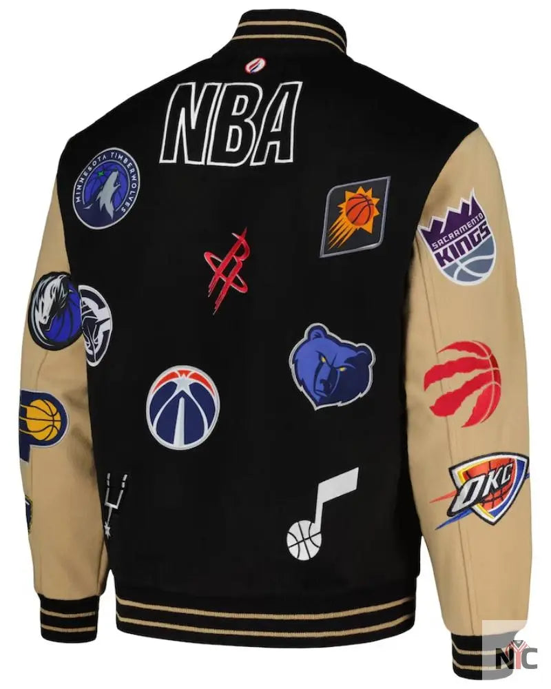 Men’s NBA Inspired FISLL Black/Khaki All Logo Aviator Wool Varsity Jacket