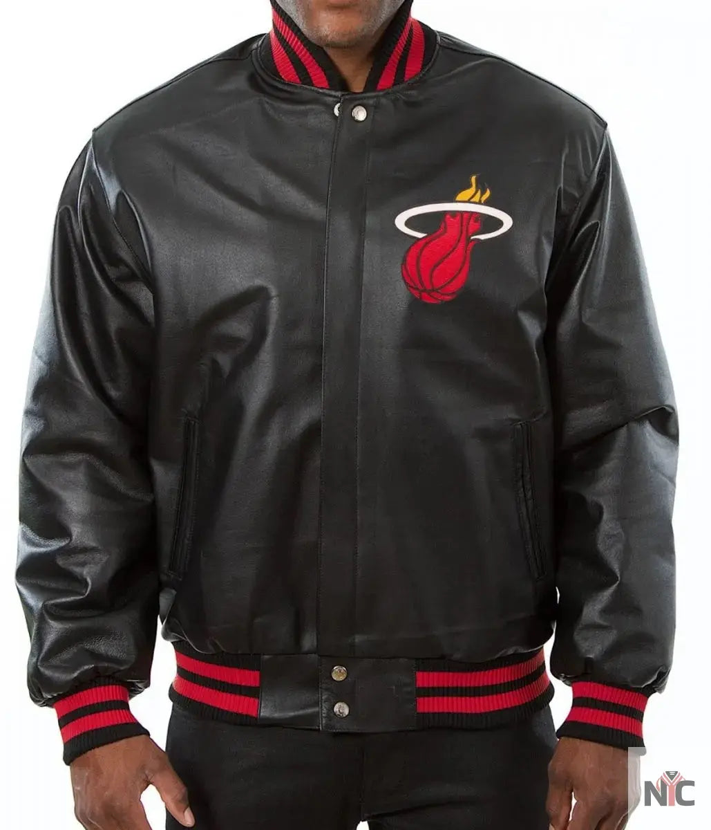 Miami Heat Inspired Black Leather Varsity Jacket