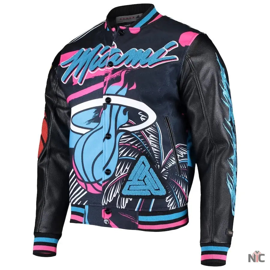 Miami Heat Inspired Pyramid Black Full-Snap Varsity Jacket