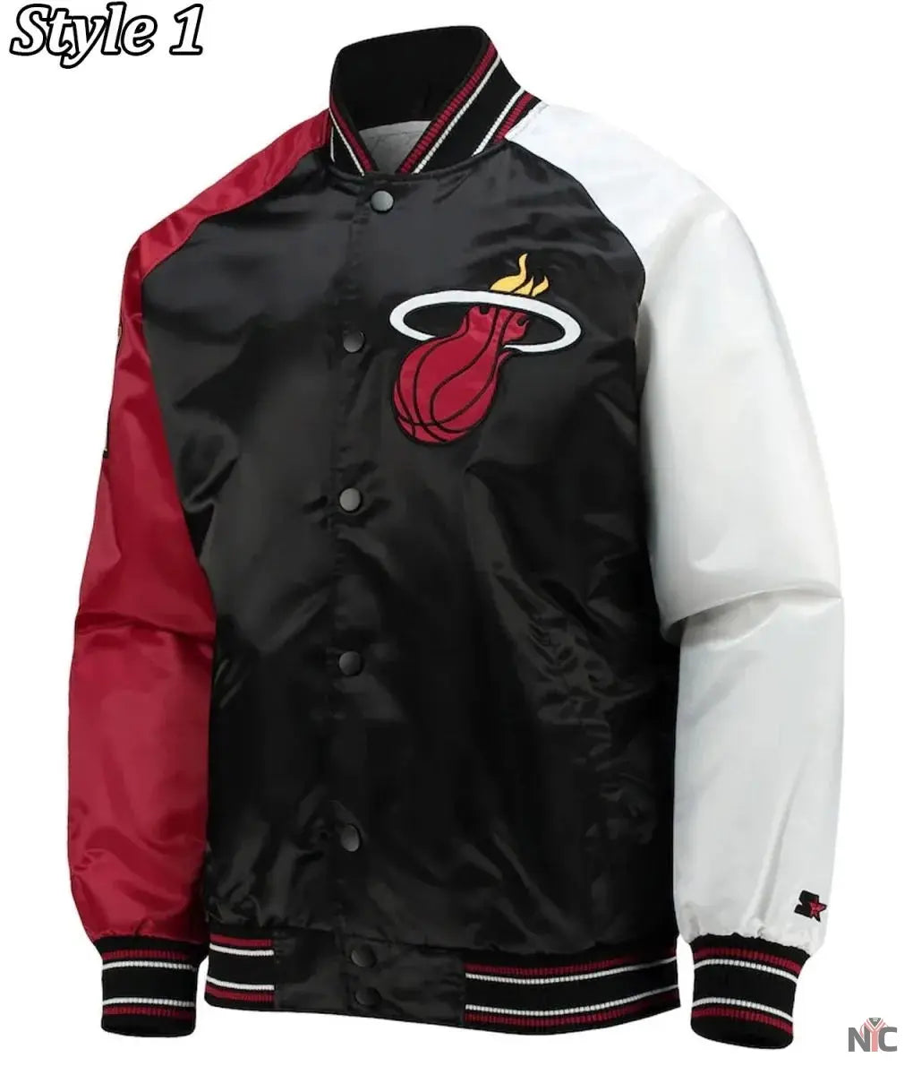 Miami Heat Inspired Reliever Full-Snap Black and Red Satin Jacket