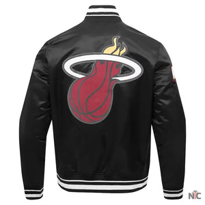 Miami Heat Inspired Script Tail Black Full-snap Satin Varsity Jacket