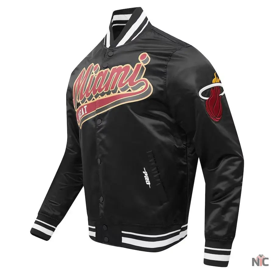 Miami Heat Inspired Script Tail Black Full-snap Satin Varsity Jacket