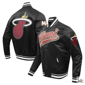 Miami Heat Inspired Script Tail Black Full-snap Satin Varsity Jacket