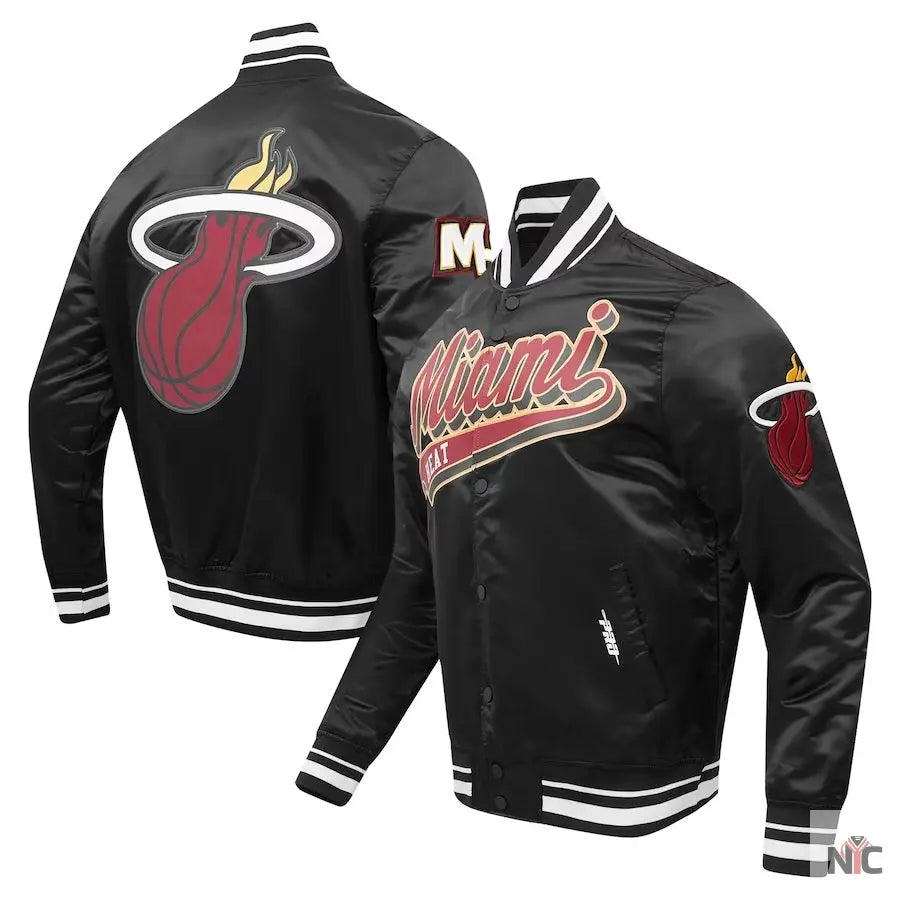 Miami Heat Inspired Script Tail Black Full-snap Satin Varsity Jacket