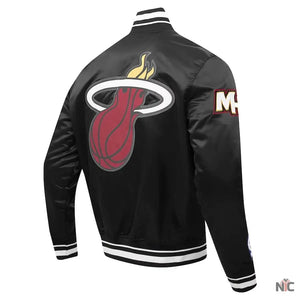 Miami Heat Inspired Script Tail Black Full-snap Satin Varsity Jacket