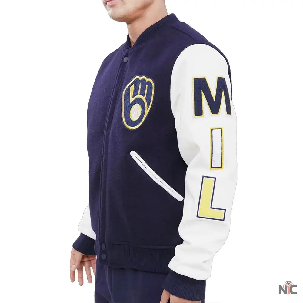 Milwaukee Brewers Inspired Blue and White Letterman Jacket