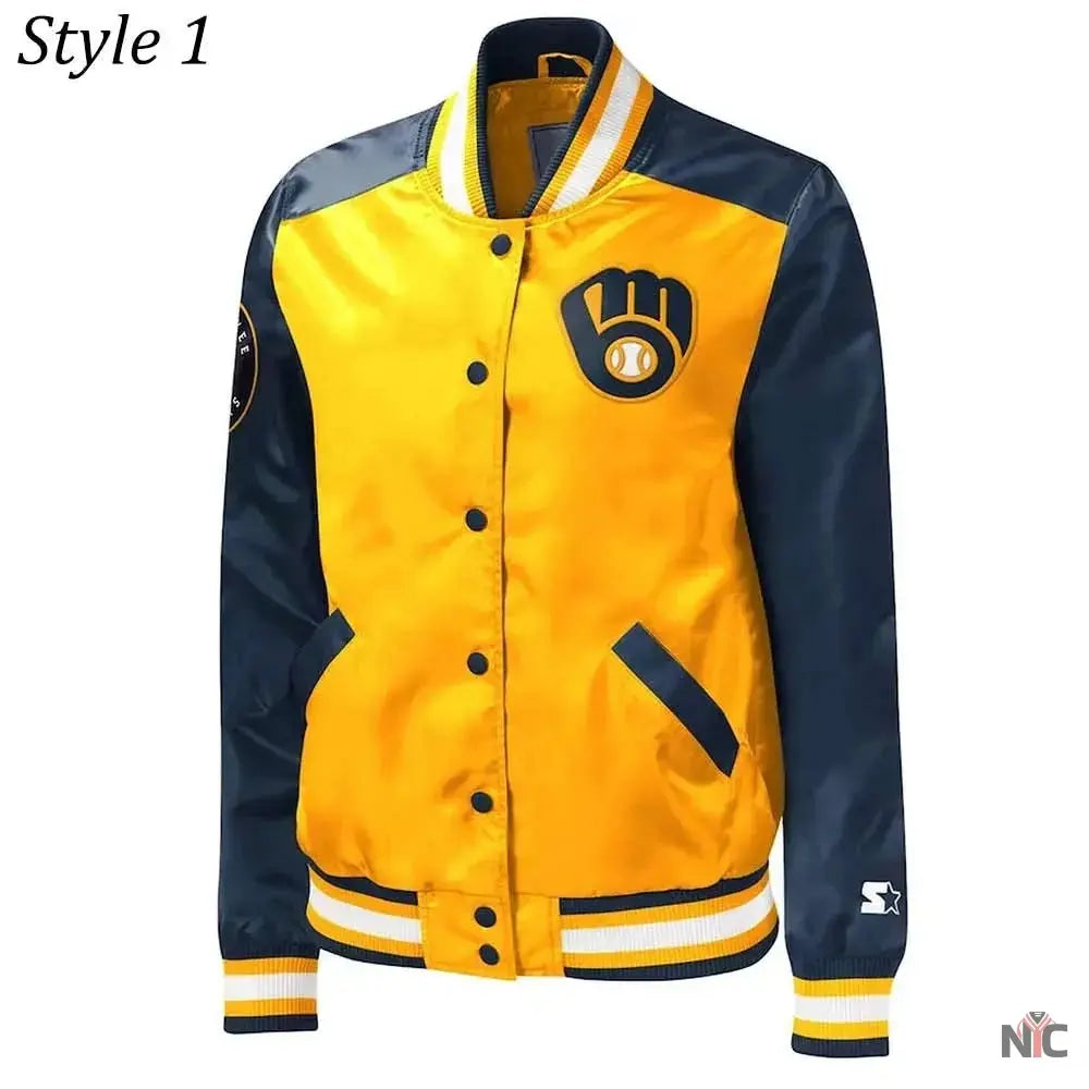 Milwaukee Brewers Inspired Gold and Navy Varsity Satin Jacket