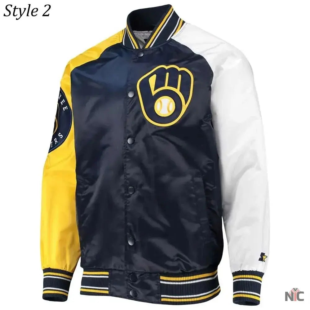 Milwaukee Brewers Inspired Gold and Navy Varsity Satin Jacket