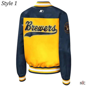 Milwaukee Brewers Inspired Gold and Navy Varsity Satin Jacket