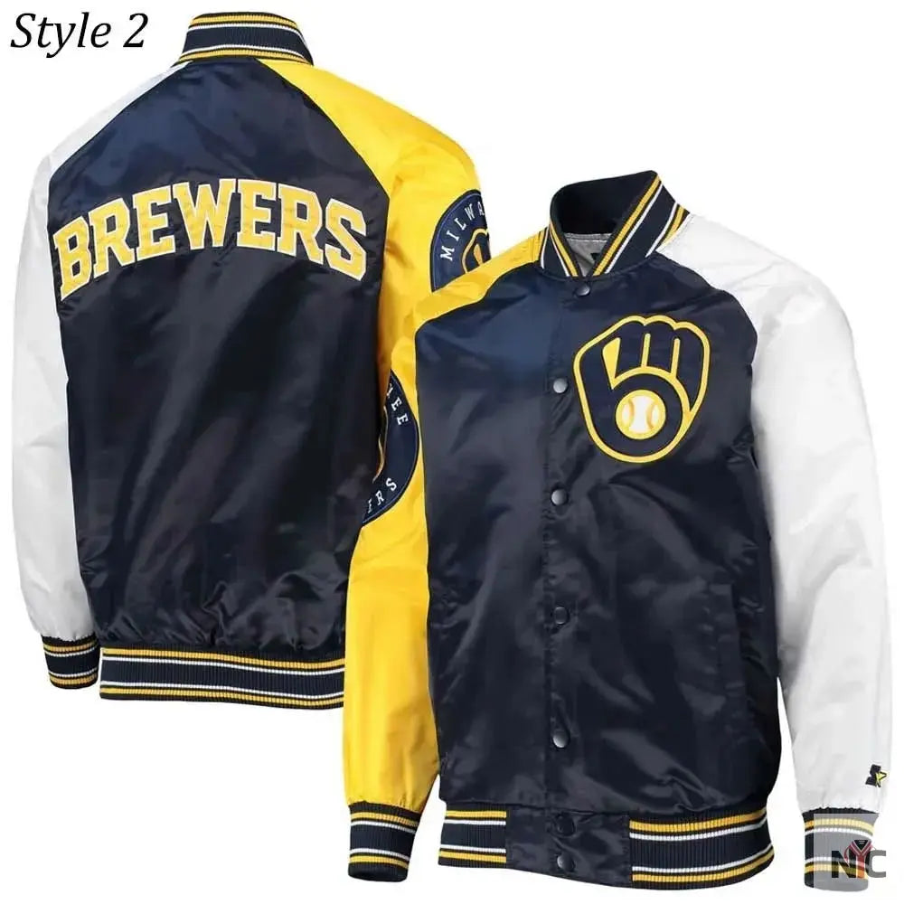Milwaukee Brewers Inspired Gold and Navy Varsity Satin Jacket
