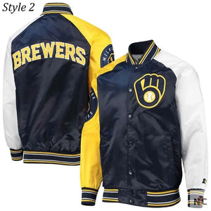 Milwaukee Brewers Inspired Gold and Navy Varsity Satin Jacket