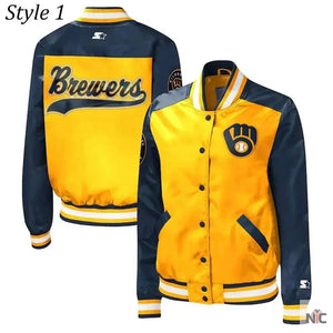 Milwaukee Brewers Inspired Gold and Navy Varsity Satin Jacket