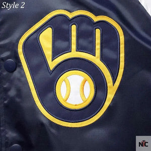 Milwaukee Brewers Inspired Gold and Navy Varsity Satin Jacket