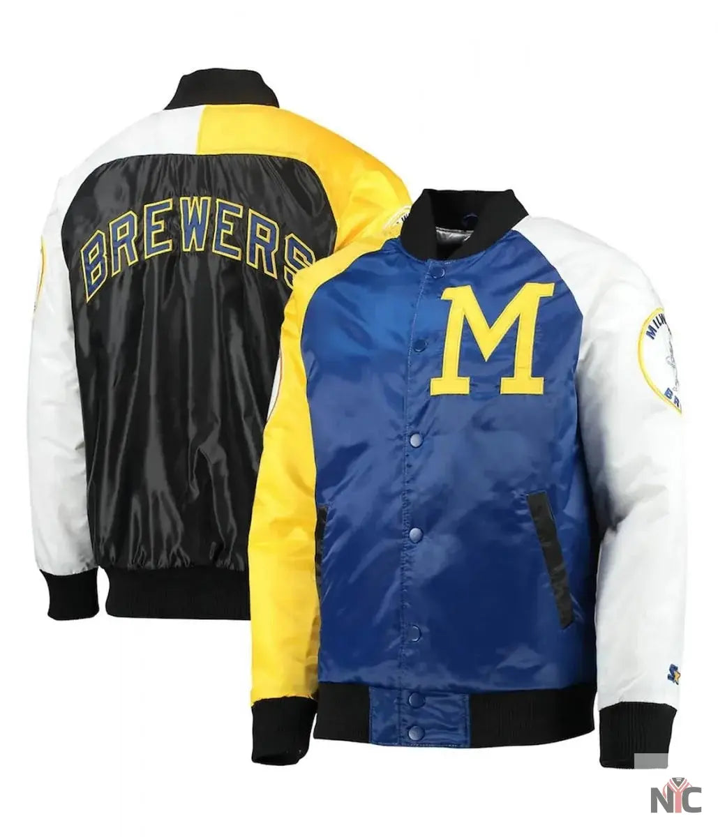 Milwaukee Brewers Inspired Tri-Color Full-Snap Satin Jacket