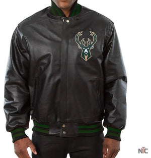 Milwaukee Bucks Inspired Black Leather Varsity Jacket