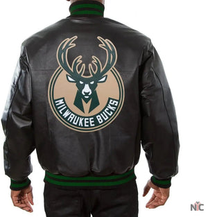 Milwaukee Bucks Inspired Black Leather Varsity Jacket