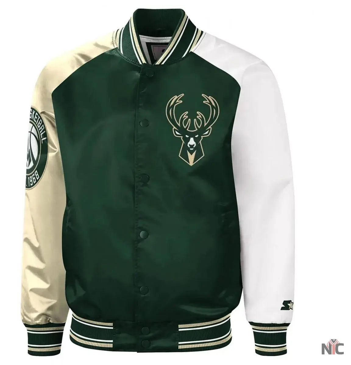 Milwaukee Bucks Inspired Hunter Green and Cream Varsity Satin Jacket
