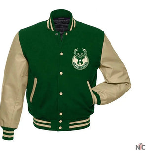 Milwaukee Bucks Inspired Letterman Beige and Green Jacket