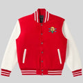 Mr. Me Too Varsity Jacket front view, red wool body with white leather sleeves and striped rib-knit trim