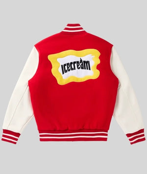 Mr. Me Too Varsity Jacket back view with large appliqué patch on red wool