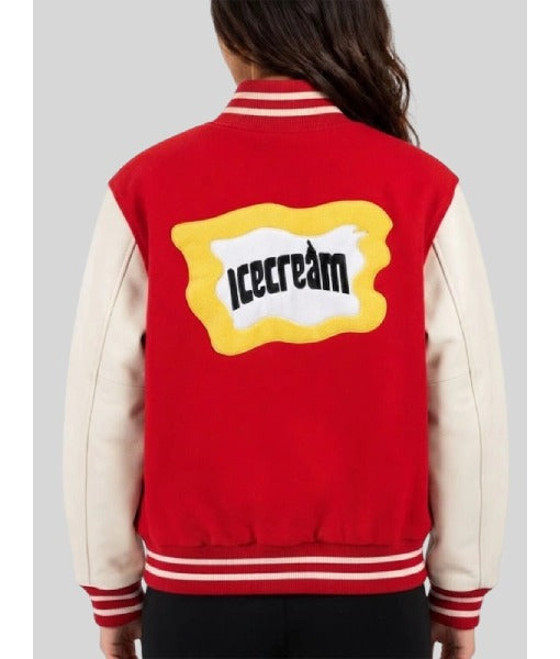 Women's Mr. Me Too red and white varsity jacket worn back view