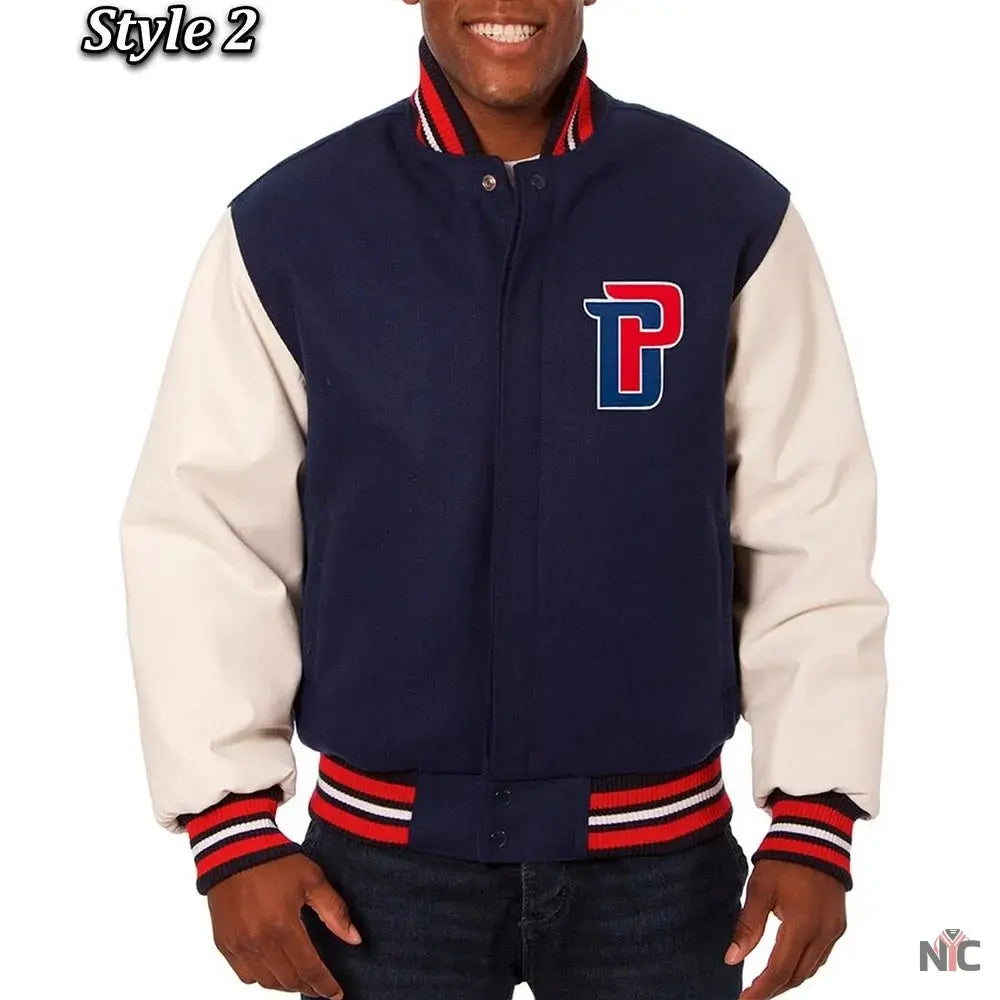 Navy White Detroit Pistons Inspired Varsity Jacket