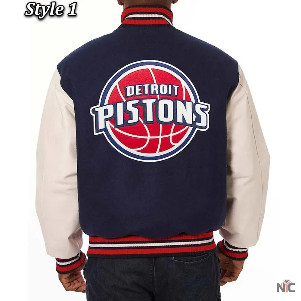 Navy White Detroit Pistons Inspired Varsity Jacket