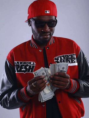Bankroll Fresh Red and Black Varsity Jacket - detail view