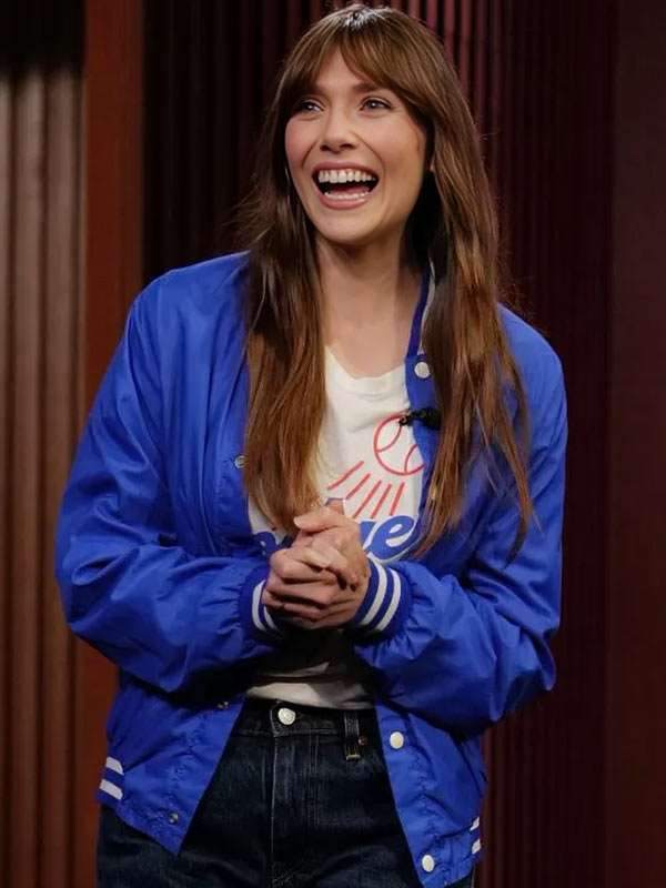 Elizabeth Olsen Jimmy Kimmel Live Blue Varsity Jacket - back view
