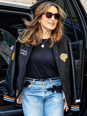 Mariska Hargitay Knicks Black Varsity Jacket - detail view