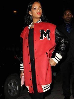 Rihanna Oversized Varsity Red and Black Jacket - back view