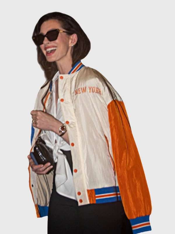 Anne Hathaway Knicks Varsity Jacket - detail view