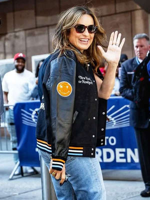 Mariska Hargitay Knicks Black Varsity Jacket - back view
