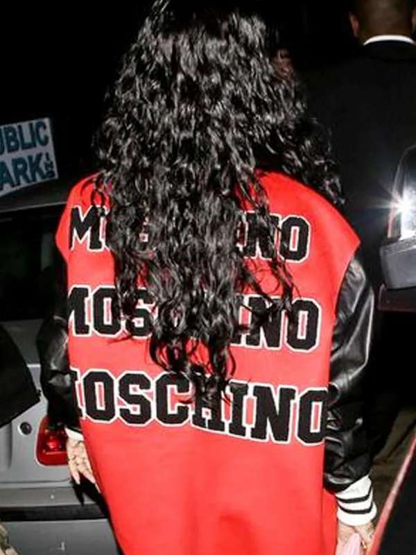 Rihanna Oversized Varsity Red and Black Jacket - side view