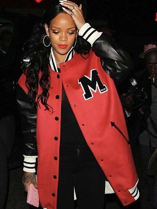 Rihanna Oversized Varsity Red and Black Jacket - detail view