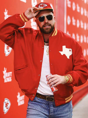 Travis Kelce Red Varsity Jacket - side view