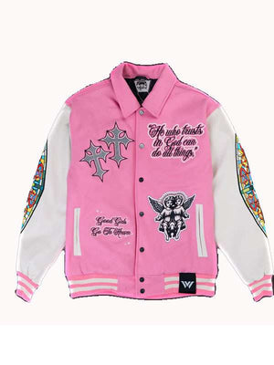 Women Pink Varsity Jacket - back view