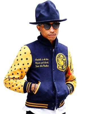 Pharrell Williams Navy Blue Letterman Jacket - detail view